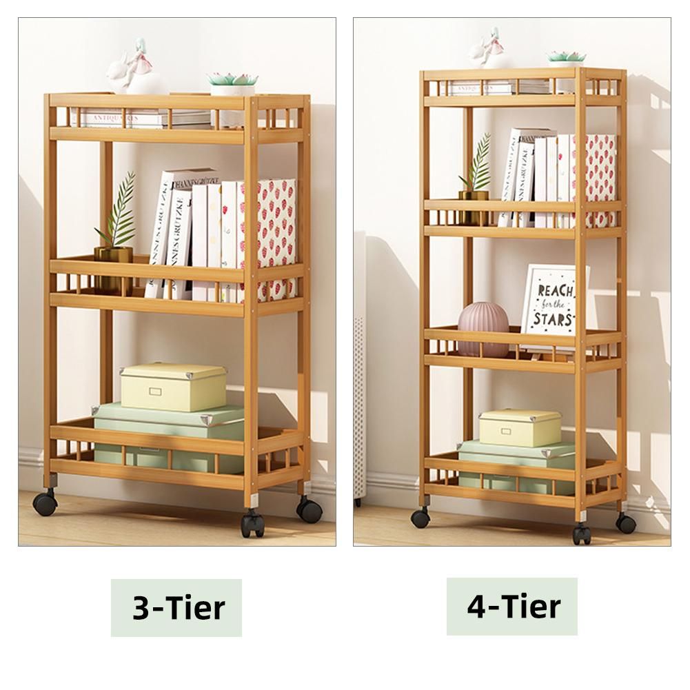 4-Tier Slim Storage Cart of High Mountain Solid Bamboo Kitchen Organizer Slide-Out Mobile Storage Cart Rolling Pantry Shelf Kitchen Shelving Unit Utility Cart