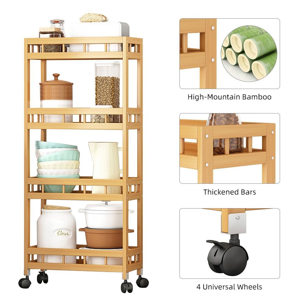4-Tier Slim Storage Cart of High Mountain Solid Bamboo Kitchen Organizer Slide-Out Mobile Storage Cart Rolling Pantry Shelf Kitchen Shelving Unit Utility Cart