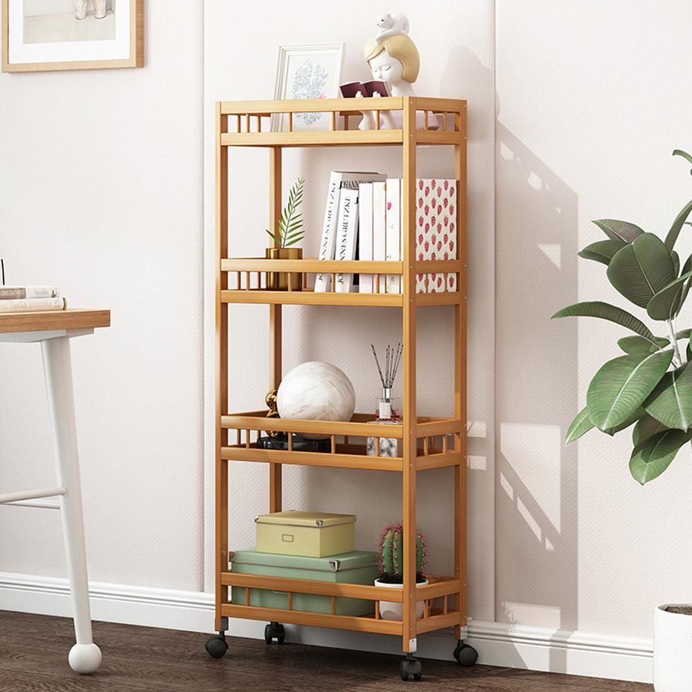 4-Tier Slim Storage Cart of High Mountain Solid Bamboo Kitchen Organizer Slide-Out Mobile Storage Cart Rolling Pantry Shelf Kitchen Shelving Unit Utility Cart