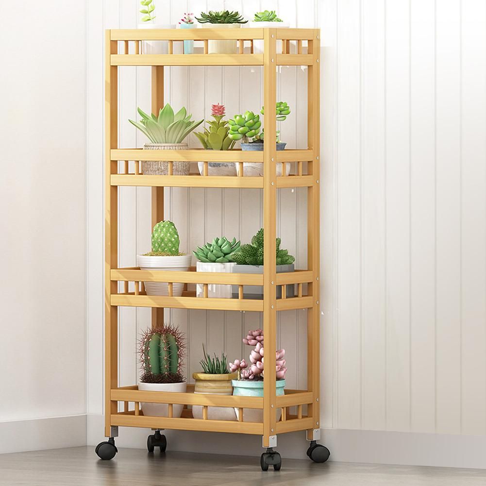 4-Tier Slim Storage Cart of High Mountain Solid Bamboo Kitchen Organizer Slide-Out Mobile Storage Cart Rolling Pantry Shelf Kitchen Shelving Unit Utility Cart