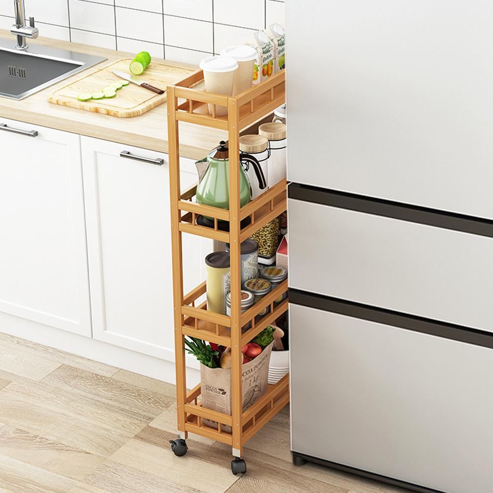 4-Tier Slim Storage Cart of High Mountain Solid Bamboo Kitchen Organizer Slide-Out Mobile Storage Cart Rolling Pantry Shelf Kitchen Shelving Unit Utility Cart