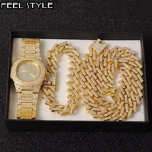 3 In 1 Set Of Cuban Chain With Watch Bracket Gold