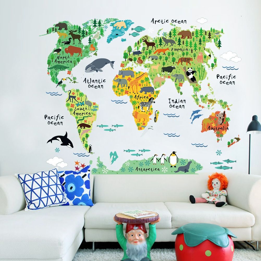 2 PCS Animal World Map Waterproof Removable Background Wall Stickers