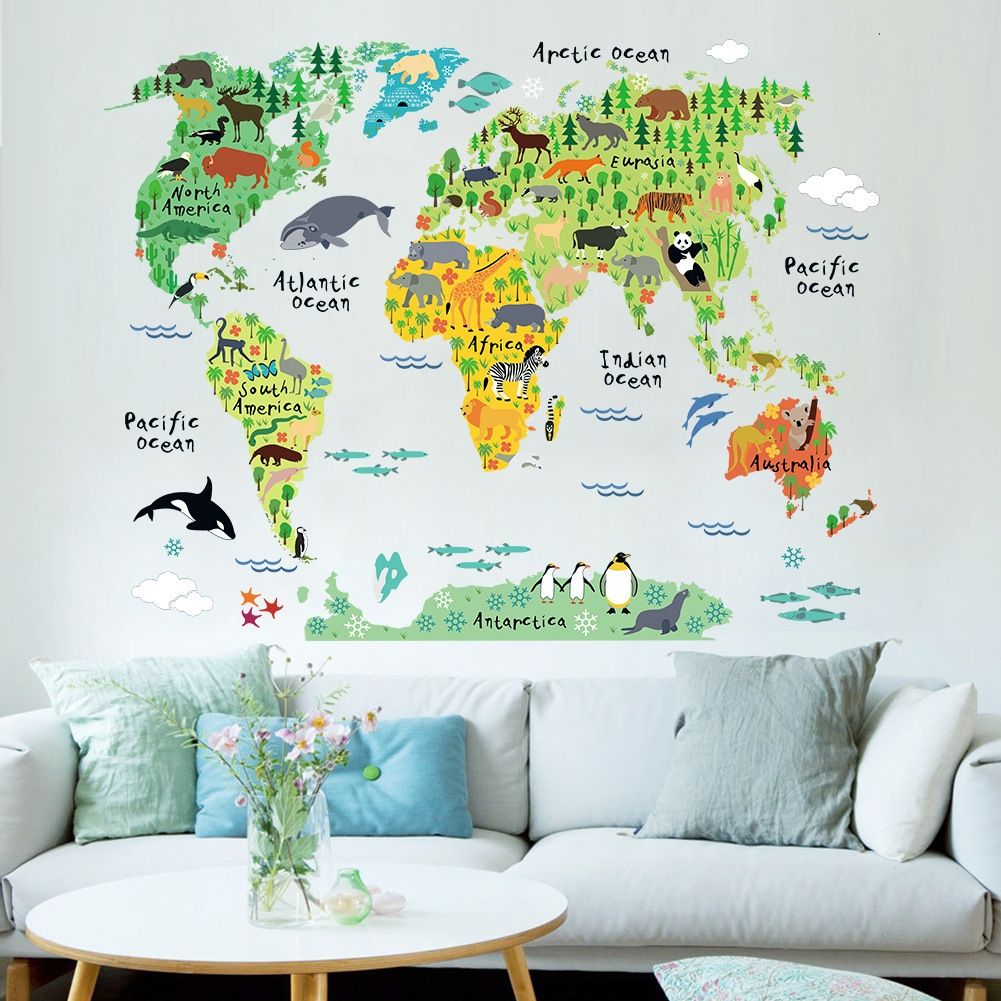 2 PCS Animal World Map Waterproof Removable Background Wall Stickers