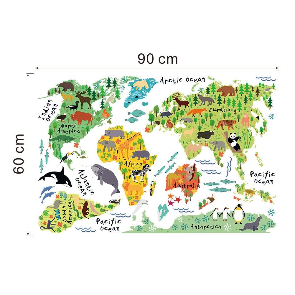 2 PCS Animal World Map Waterproof Removable Background Wall Stickers