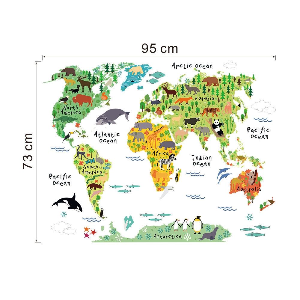 2 PCS Animal World Map Waterproof Removable Background Wall Stickers