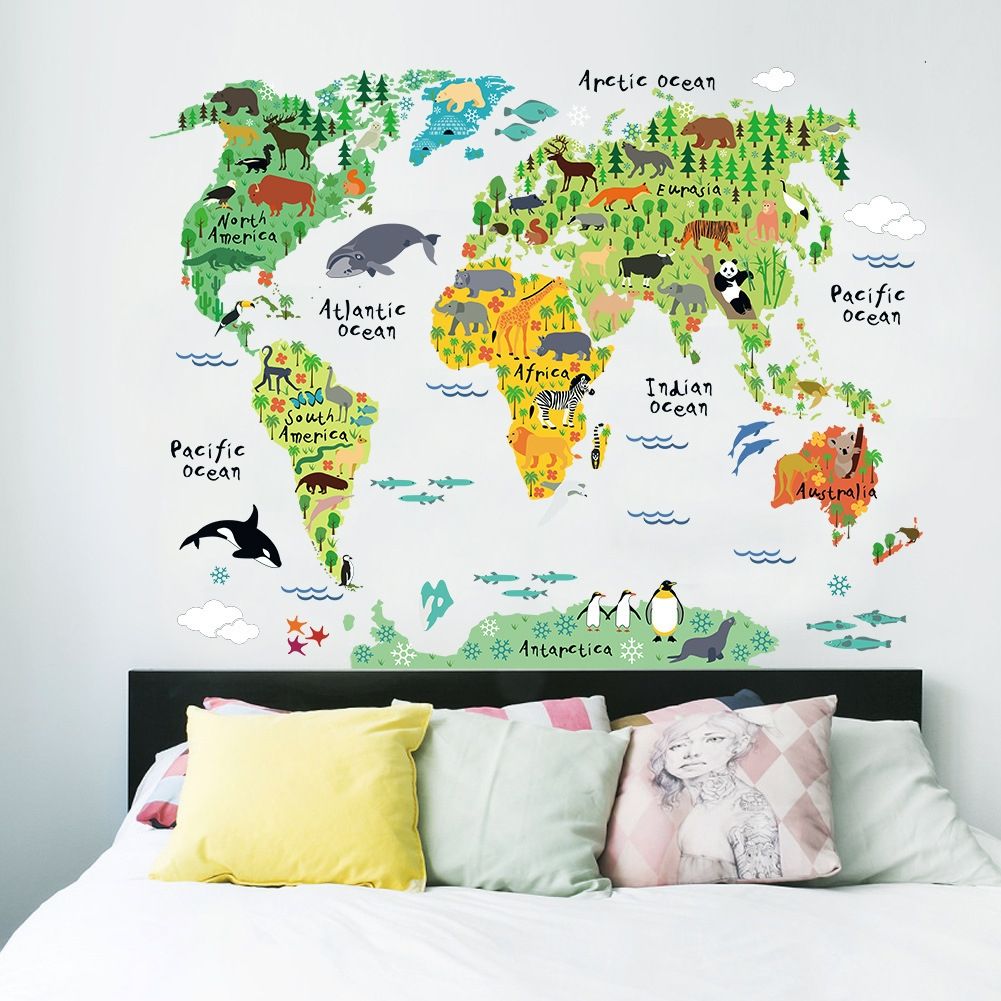 2 PCS Animal World Map Waterproof Removable Background Wall Stickers