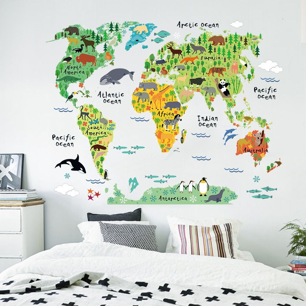 2 PCS Animal World Map Waterproof Removable Background Wall Stickers