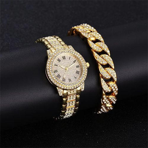 Full Diamond Roman Face Steel Band Watch+Full Diamond Bracelet Set