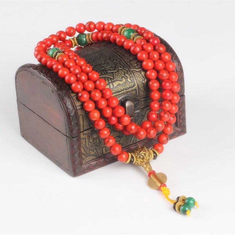 Sennier 108 Red Coral Bracelet Natural Stone Beads Mala