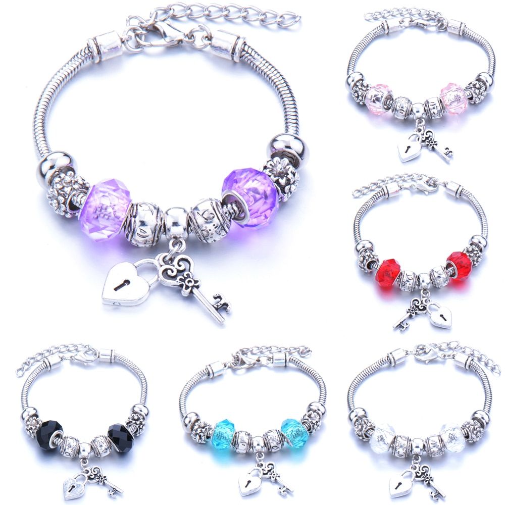 Antique Heart-shaped Key Lock Charm Bracelets For Women Diy