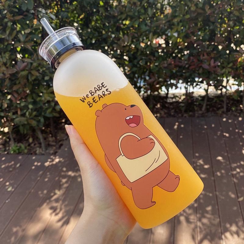 1000ml Cute Water Bottle Panda Bear Frosted Cup With Straw Transparent Cartoon