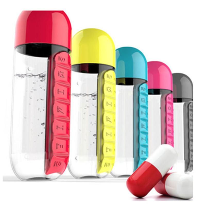 New 600ml Sports Plastic Water Bottle Combine Daily Pill Boxes Organizer