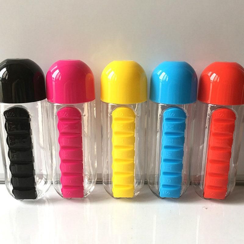 New 600ml Sports Plastic Water Bottle Combine Daily Pill Boxes Organizer