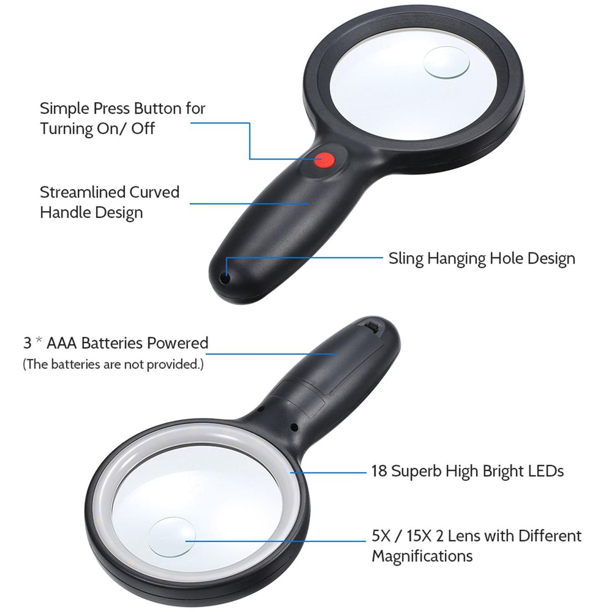 Tomshine DC4.5V 1W 18 LED Handhold Magnifying Lamp 5X/15X Magnifier Glass Light 3 * AAA Battery Powered Operated Portable for  Printing Machinery Carving Gardening Jewelry Identification Collection