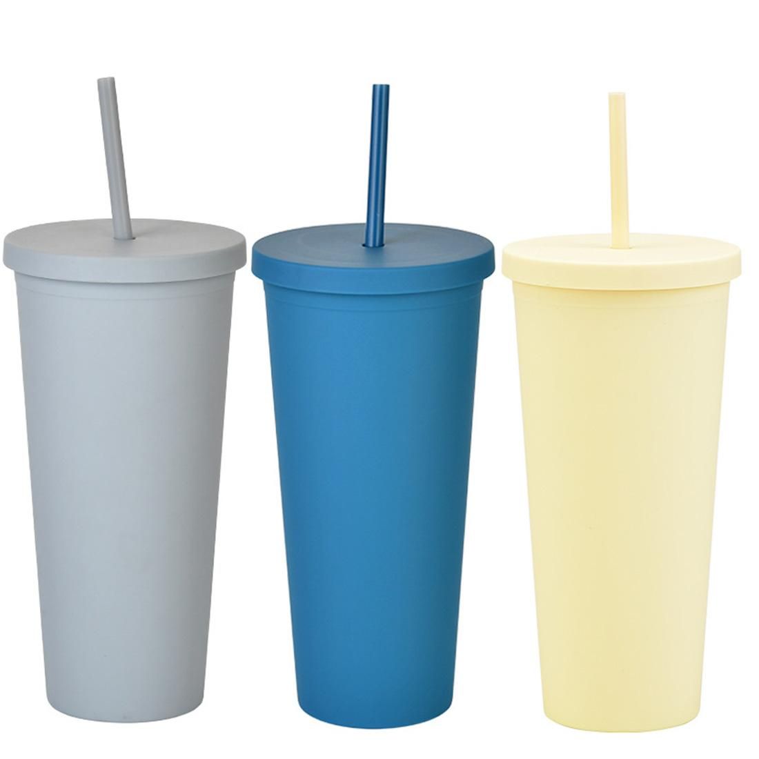 3 Colors 700ml Double-Walled Plastic Cup Straw Tumbler with Lid Stylish Matte