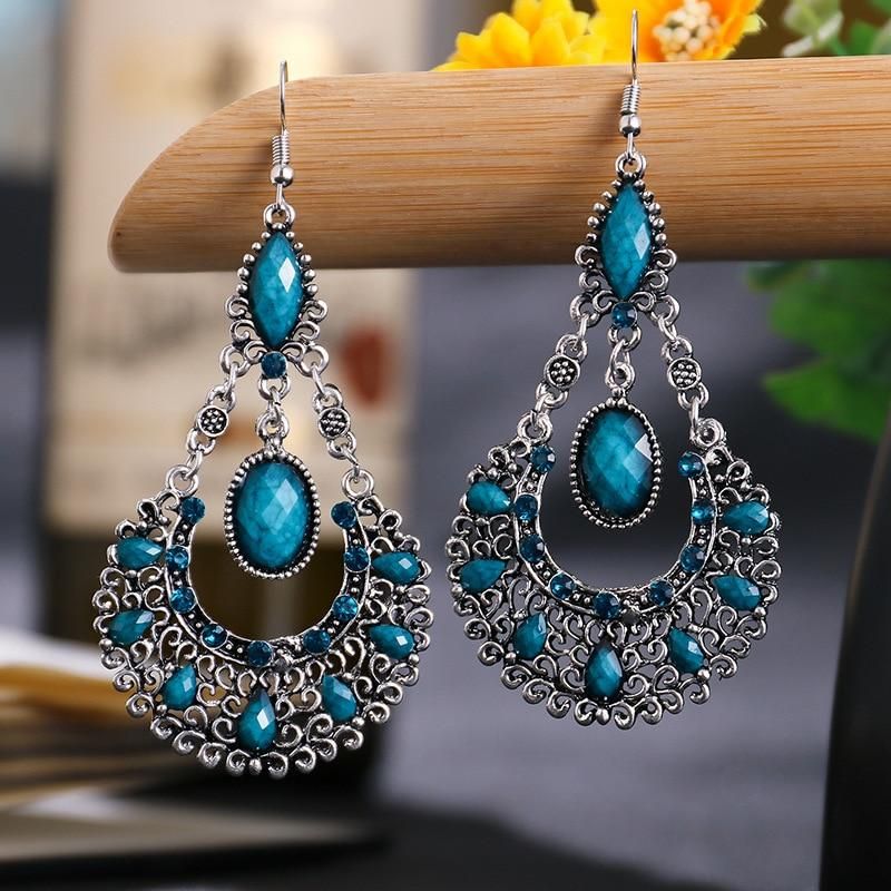 Ethnic Boho Women Drop Dangle Earrings Geometric Carved Hollow Bead Crystal Antique Silver Color Bohemian Wedding Earrings