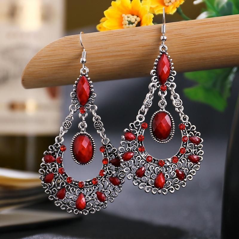 Ethnic Boho Women Drop Dangle Earrings Geometric Carved Hollow Bead Crystal Antique Silver Color Bohemian Wedding Earrings