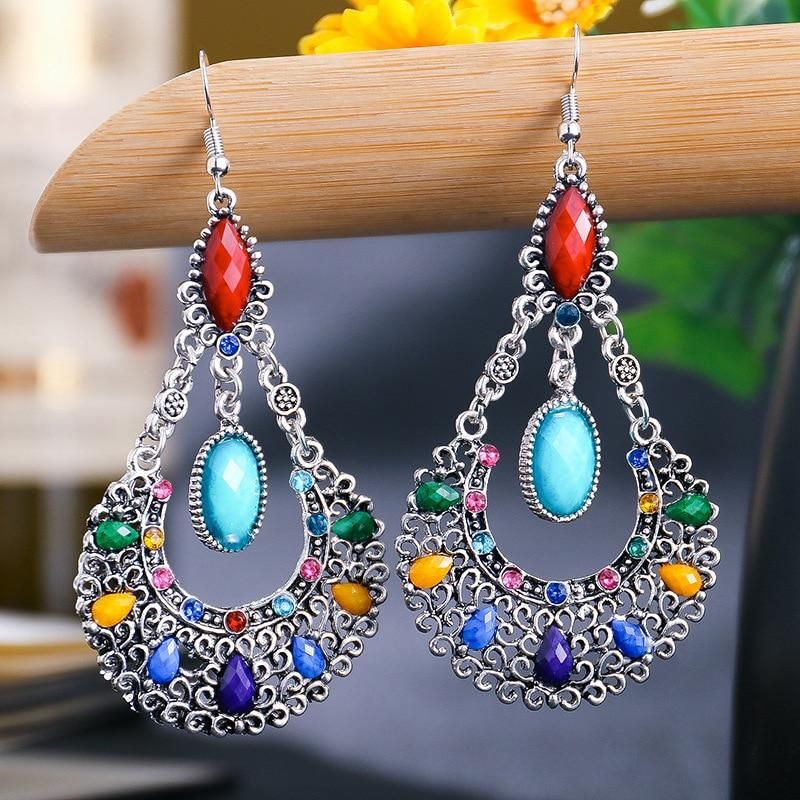 Ethnic Boho Women Drop Dangle Earrings Geometric Carved Hollow Bead Crystal Antique Silver Color Bohemian Wedding Earrings
