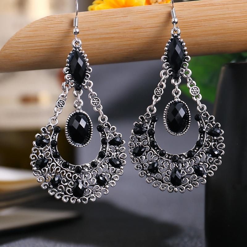 Ethnic Boho Women Drop Dangle Earrings Geometric Carved Hollow Bead Crystal Antique Silver Color Bohemian Wedding Earrings