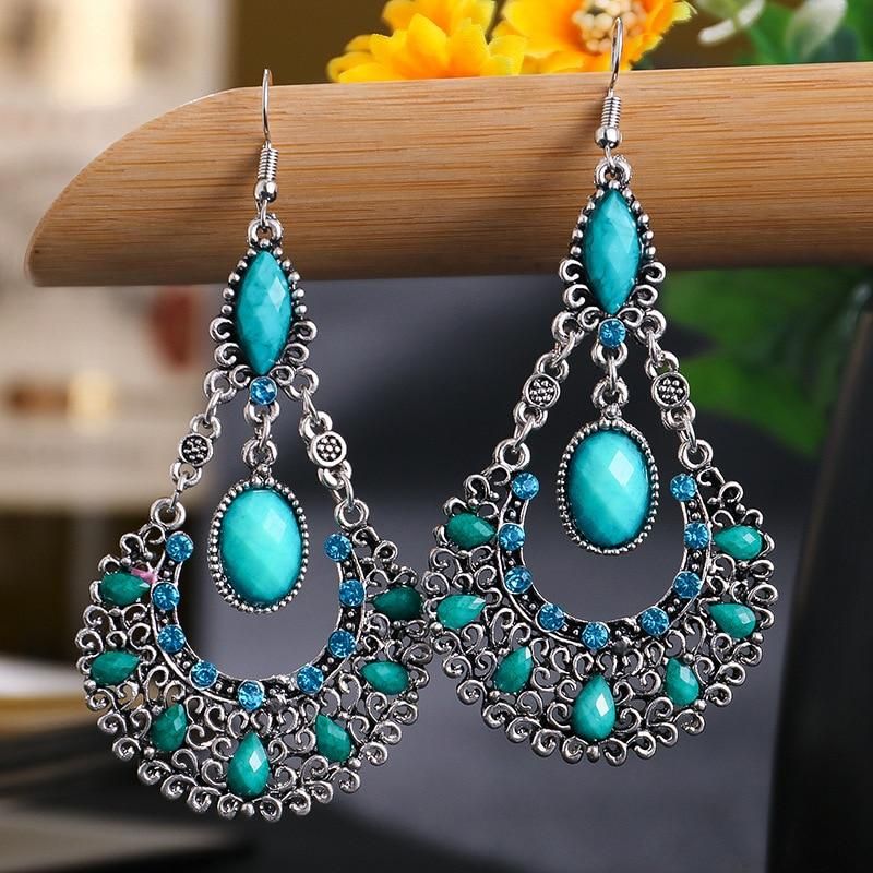 Ethnic Boho Women Drop Dangle Earrings Geometric Carved Hollow Bead Crystal Antique Silver Color Bohemian Wedding Earrings