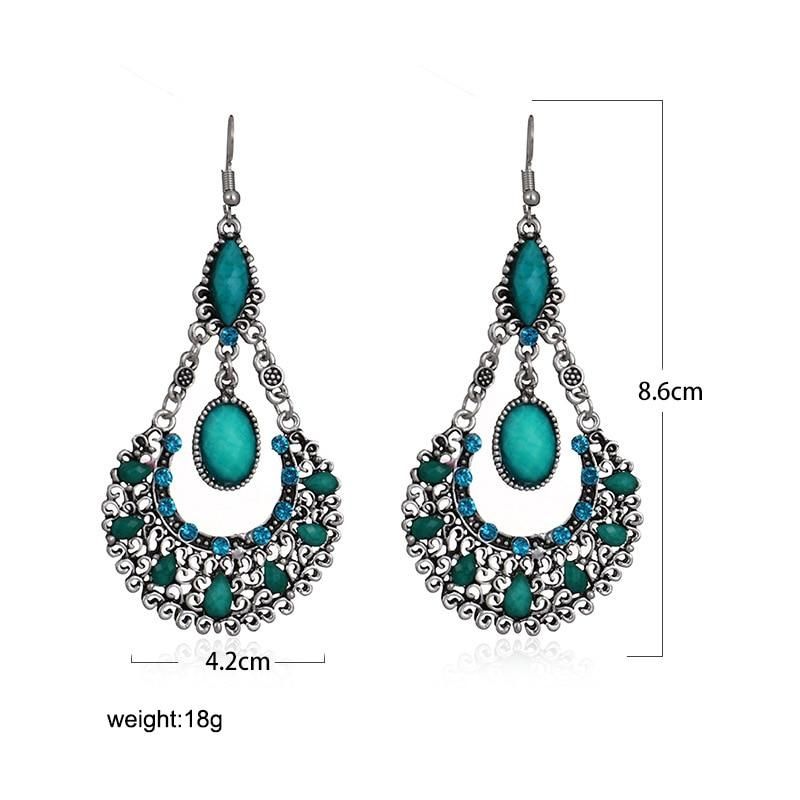 Ethnic Boho Women Drop Dangle Earrings Geometric Carved Hollow Bead Crystal Antique Silver Color Bohemian Wedding Earrings
