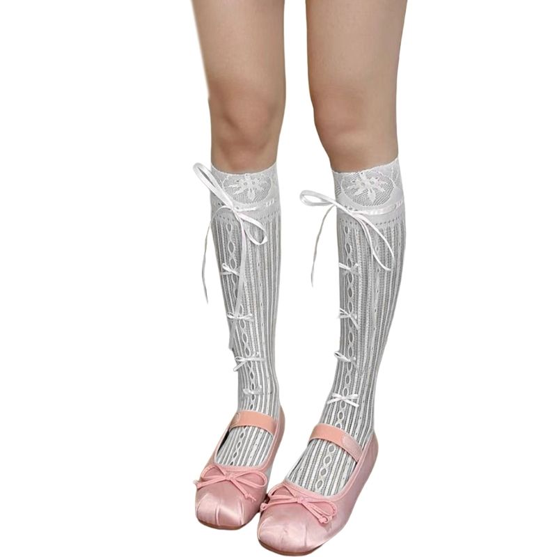 (white White Ribbon)Ballet Elegant Style Sock Ribbon Bows Tie Stocking Hollows Lacy Bows Tie F SMA