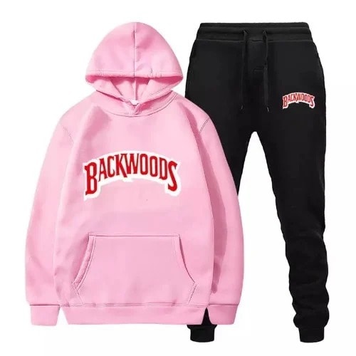 Pink Hoodie And Black Jogger With Backwoods Prints