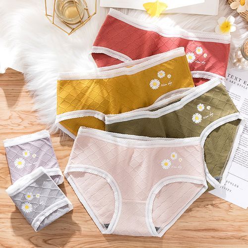 Women Sexy Marguerite Lace Hem Mid Waist Cotton Underwear Briefs-Matcha