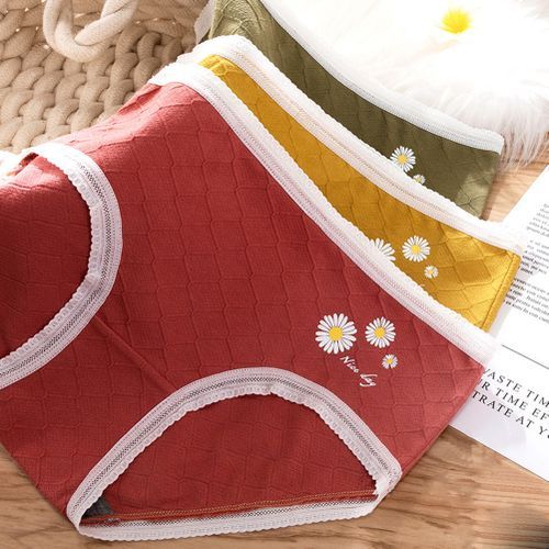 Women Sexy Marguerite Lace Hem Mid Waist Cotton Underwear Briefs-Matcha