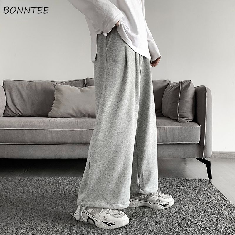 (Black)Sweatpants Men Drawstring Full Length Wide Leg Trousers Straight Autumn M