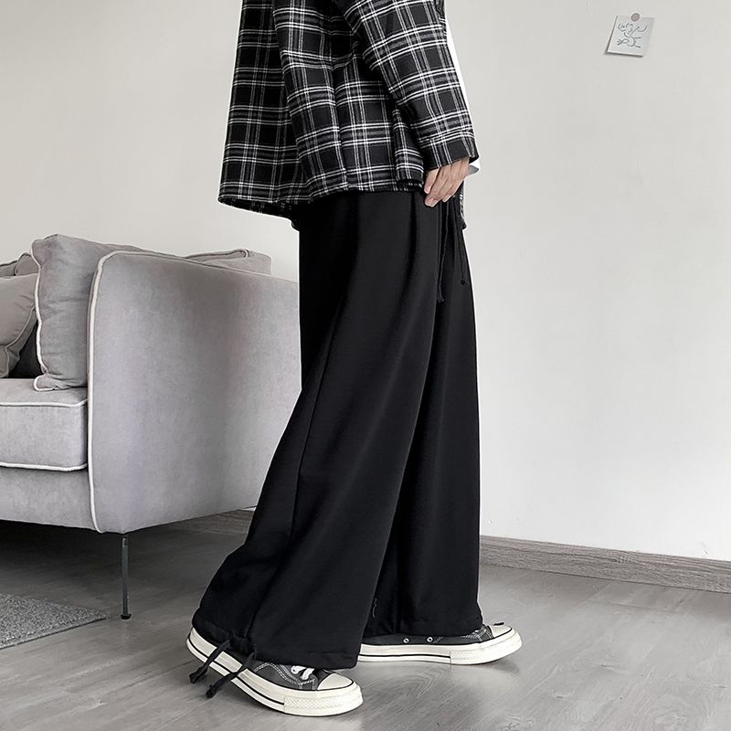(Black)Sweatpants Men Drawstring Full Length Wide Leg Trousers Straight Autumn M