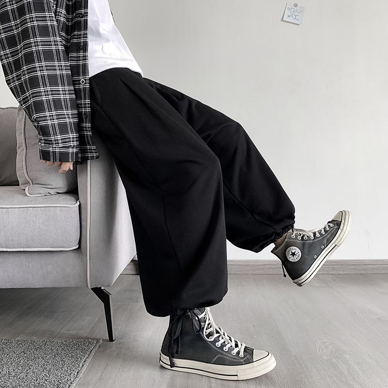 (Black)Sweatpants Men Drawstring Full Length Wide Leg Trousers Straight Autumn M