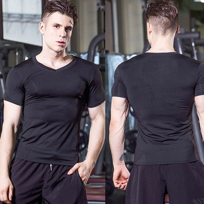 Mens Running T-Shirts,Men Sport Fitness Gym Tops V Neck T-Shirt（Black）