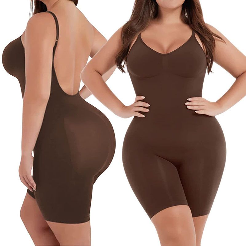 (brown)Bodysuits Full Coverage Shapewear Thigh Slim Body Suit Low Back Body