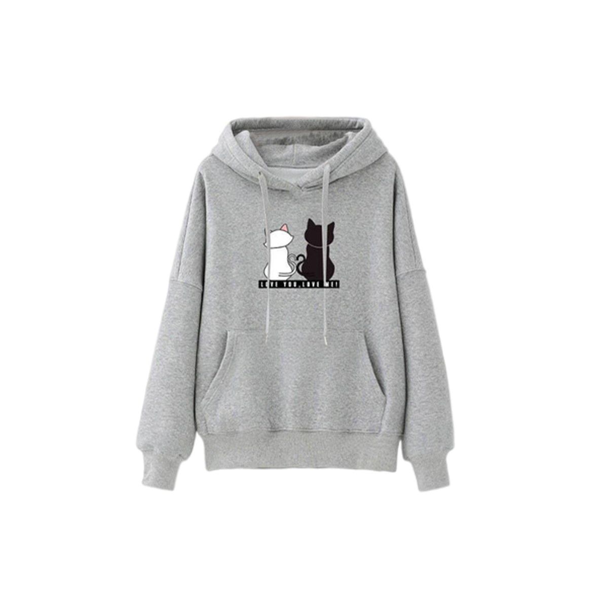 Cute Women Long Sleeve Hoodie Stretchy Casual Hooded Sweatshirt Grey L