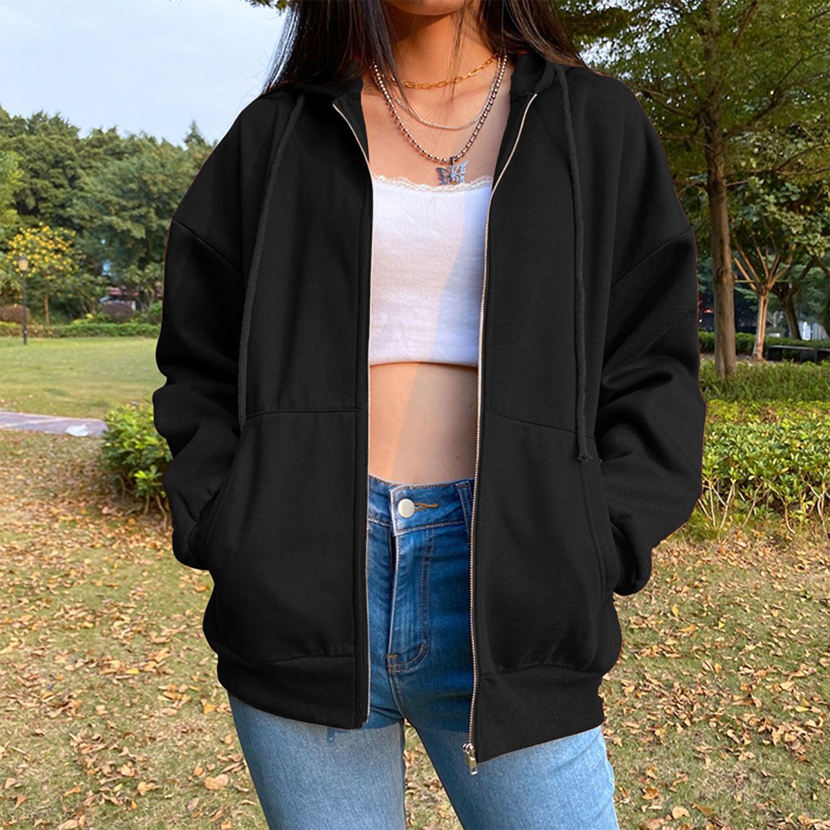 Womens Hoodie Jacket Fashion Lightweight Streetwear Black