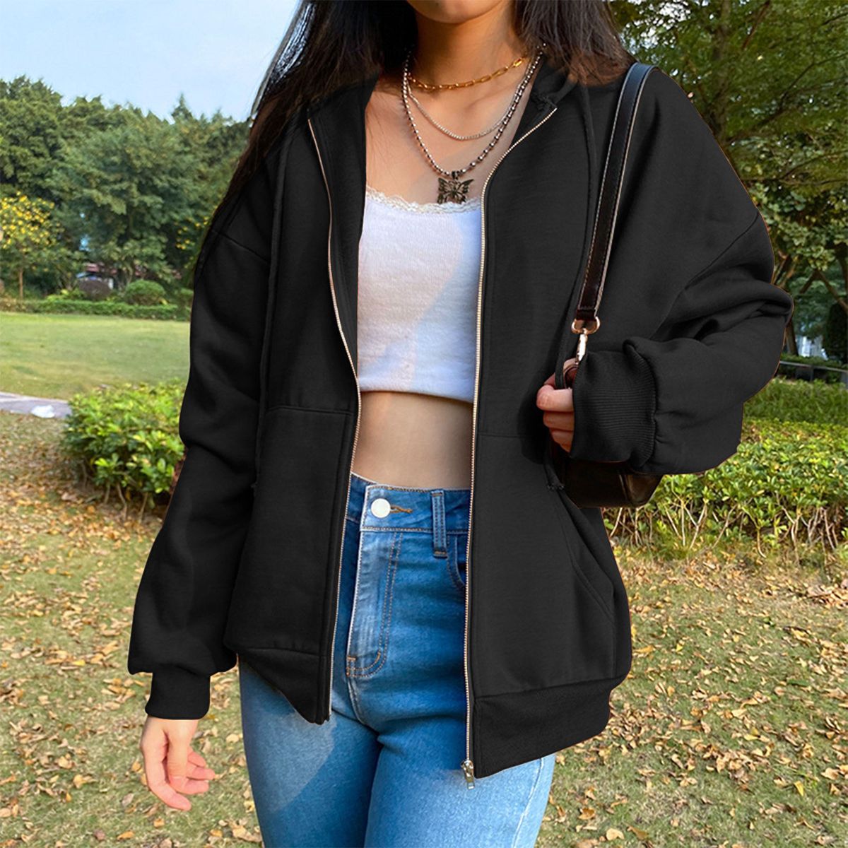 Womens Hoodie Jacket Fashion Lightweight Streetwear Black
