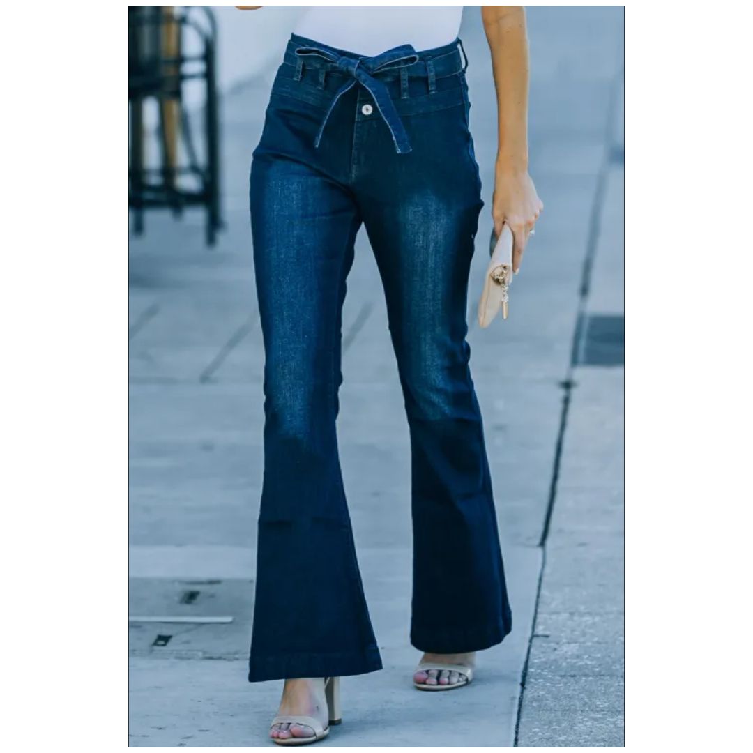 Mfed High Waist Bell Bottom Jeans With Attached Belt