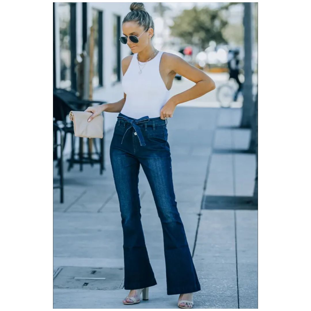 Mfed High Waist Bell Bottom Jeans With Attached Belt