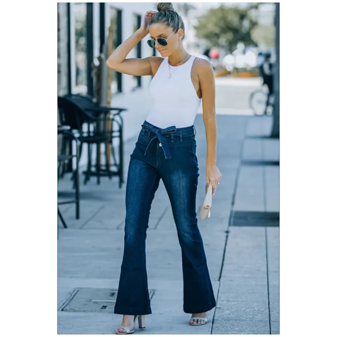 Mfed High Waist Bell Bottom Jeans With Attached Belt