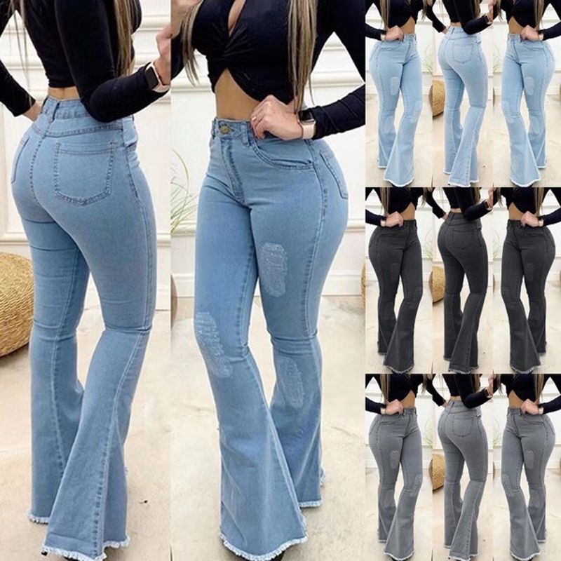 (Light Blue)Women High Waist Denim Jeans Solid Slim Flare Pants Ladies Skinny Full Length Jean Plus Size S-3XL ACU