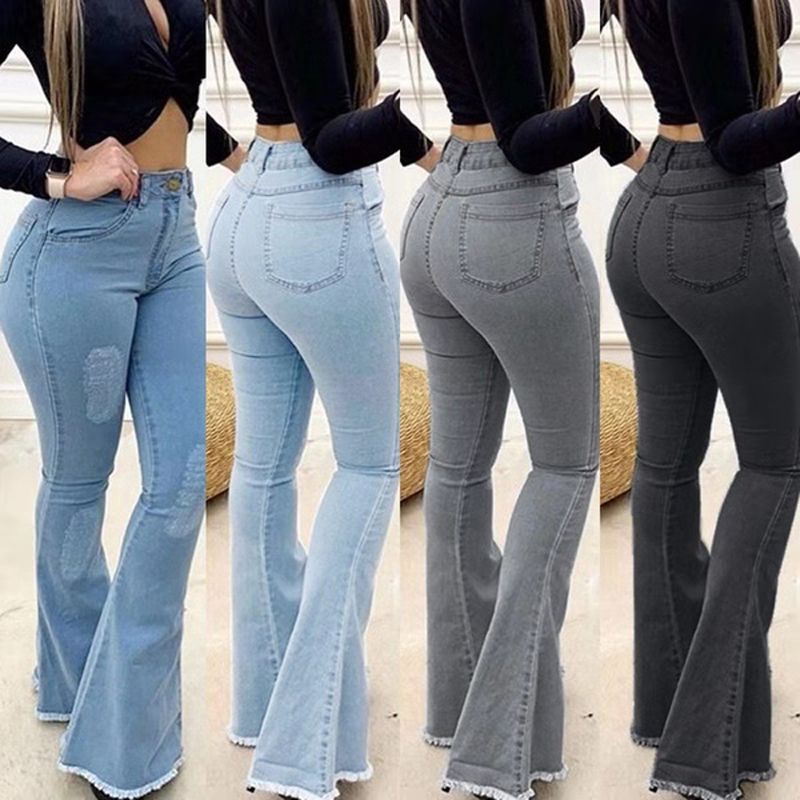 (Light Blue)Women High Waist Denim Jeans Solid Slim Flare Pants Ladies Skinny Full Length Jean Plus Size S-3XL ACU