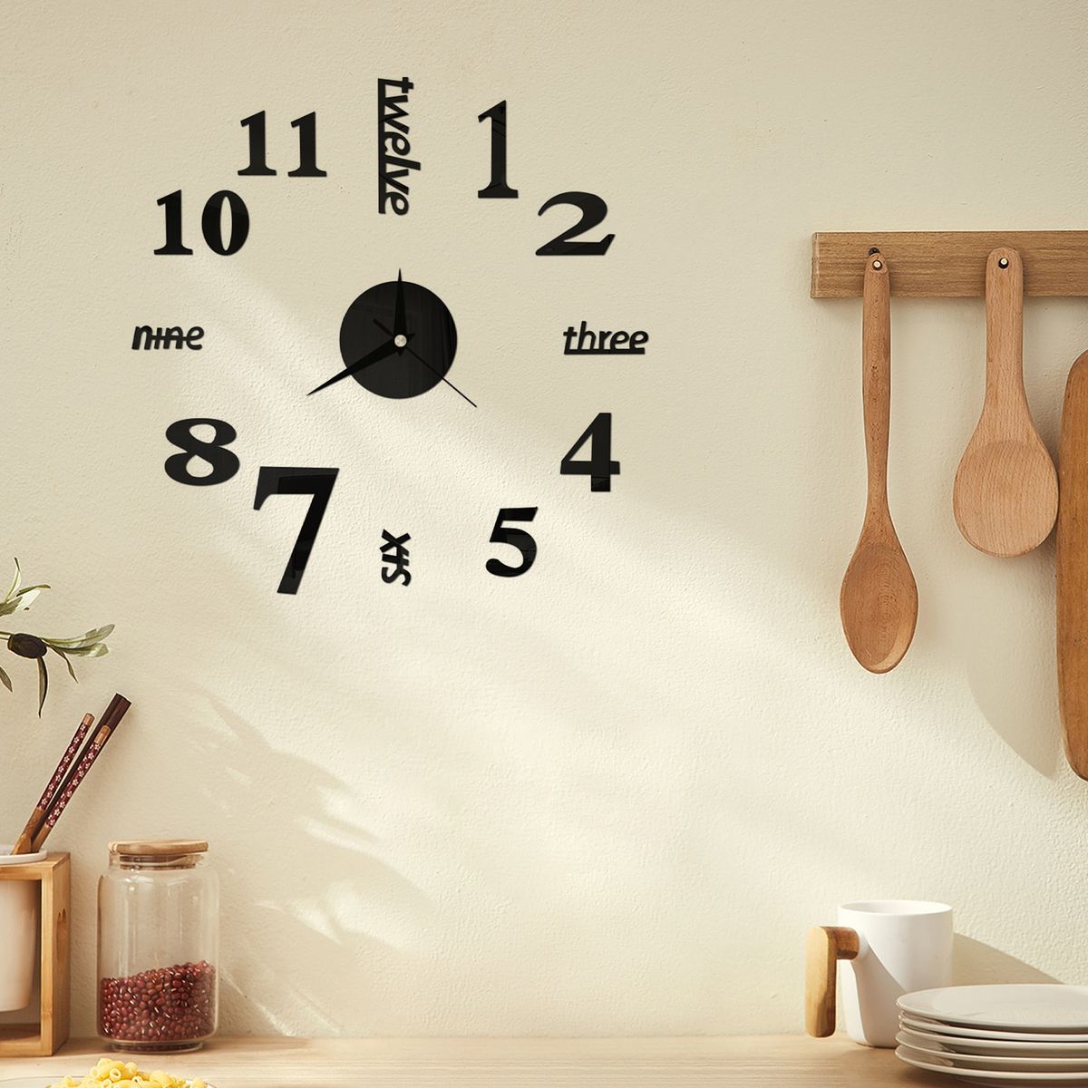 Wall Watches Stickers 3D Effect English Decorative Clock Black