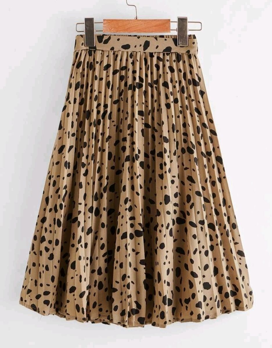 Big Girls Self Belted Dalmatian Print Pleated Skirt- Brown Black