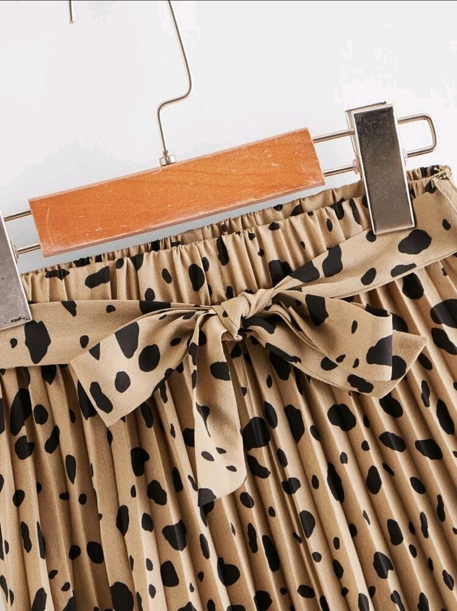 Big Girls Self Belted Dalmatian Print Pleated Skirt- Brown Black