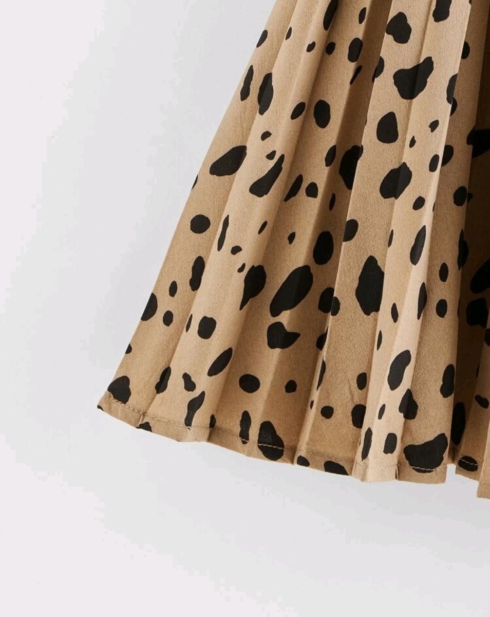 Big Girls Self Belted Dalmatian Print Pleated Skirt- Brown Black