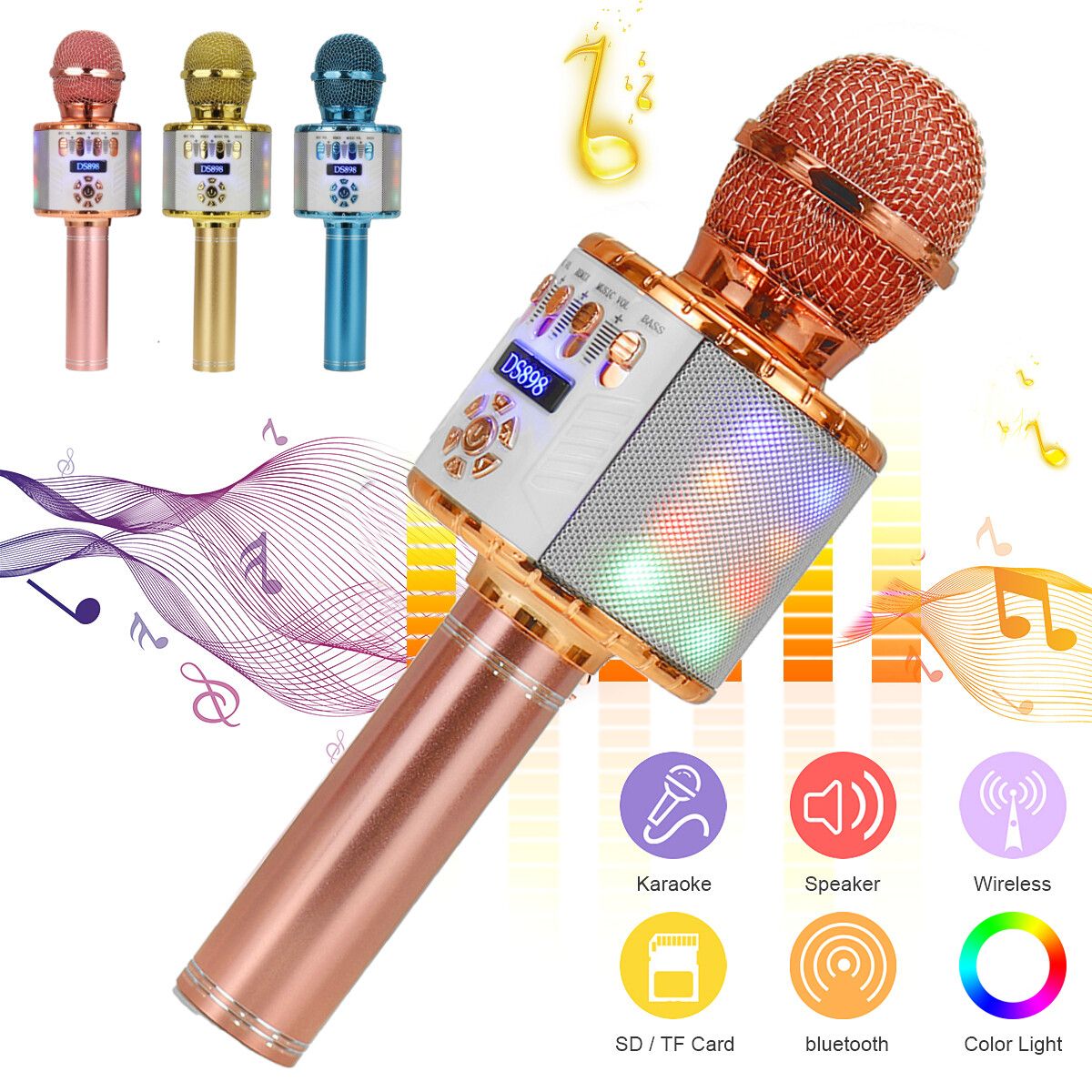 3 In 1 Wireless Bluetooth Microphone Karaoke Handheld Mic USB 32GB KTV Speaker Rose Gold