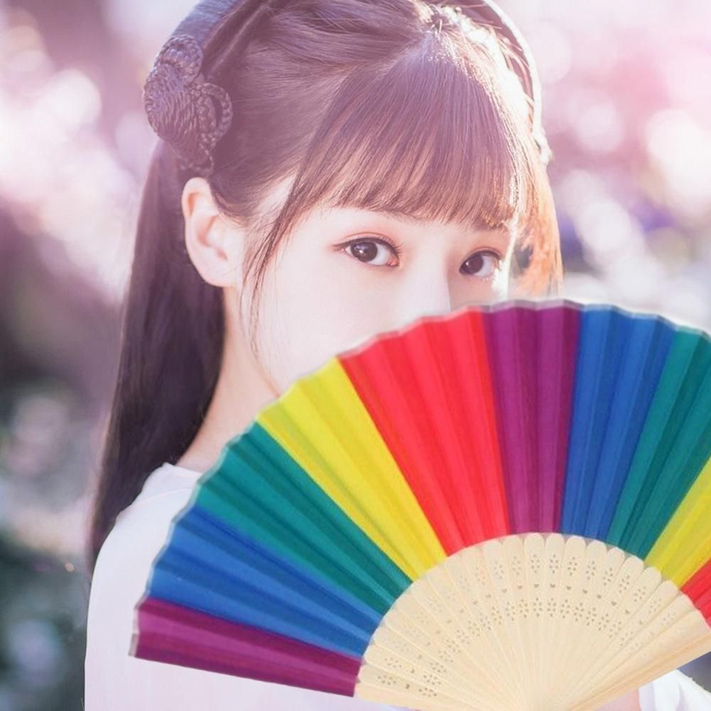 Wedding Rainbow Flower Fans Wind Frame Hand Fabric Bamboo 7-inch Held Gift Fan Colorful Dance Folding Party