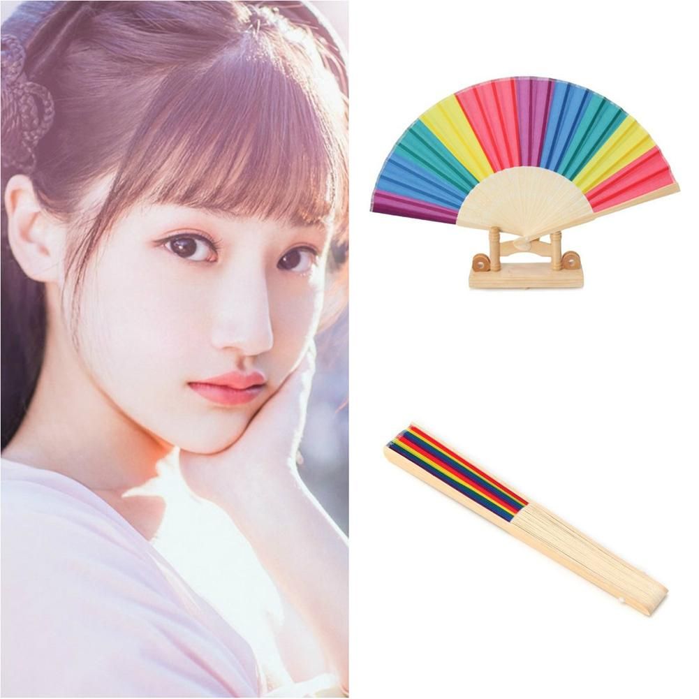 Wedding Rainbow Flower Fans Wind Frame Hand Fabric Bamboo 7-inch Held Gift Fan Colorful Dance Folding Party
